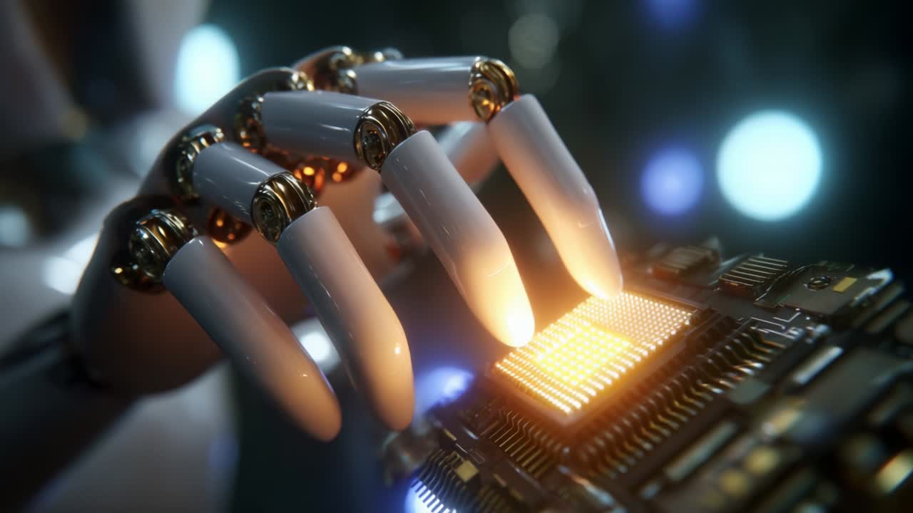 A Close-Up View of a Robotic Hand Engaging with a Computer Chip, Highlighting the Intersection of Advanced Technology and Human-Like Features in Robotics, as Emphasized by the Dazzling LED Lights in the Background