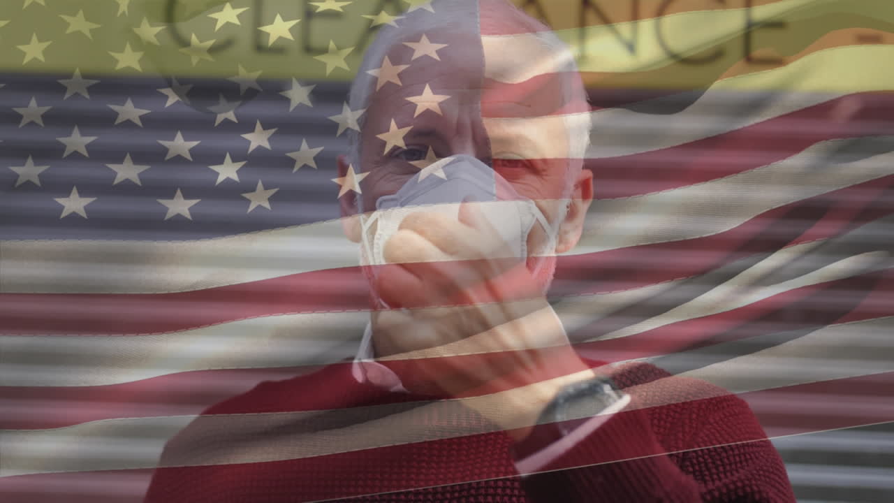 Animation of flag of usa waving over man in face masks