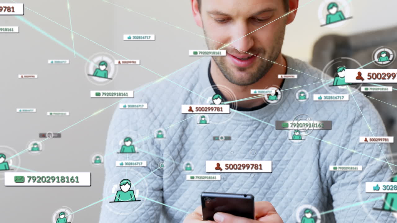 animación de los iconos de las redes sociales y la red de conexiones sobre el hombre caucásico usando un teléfono inteligente