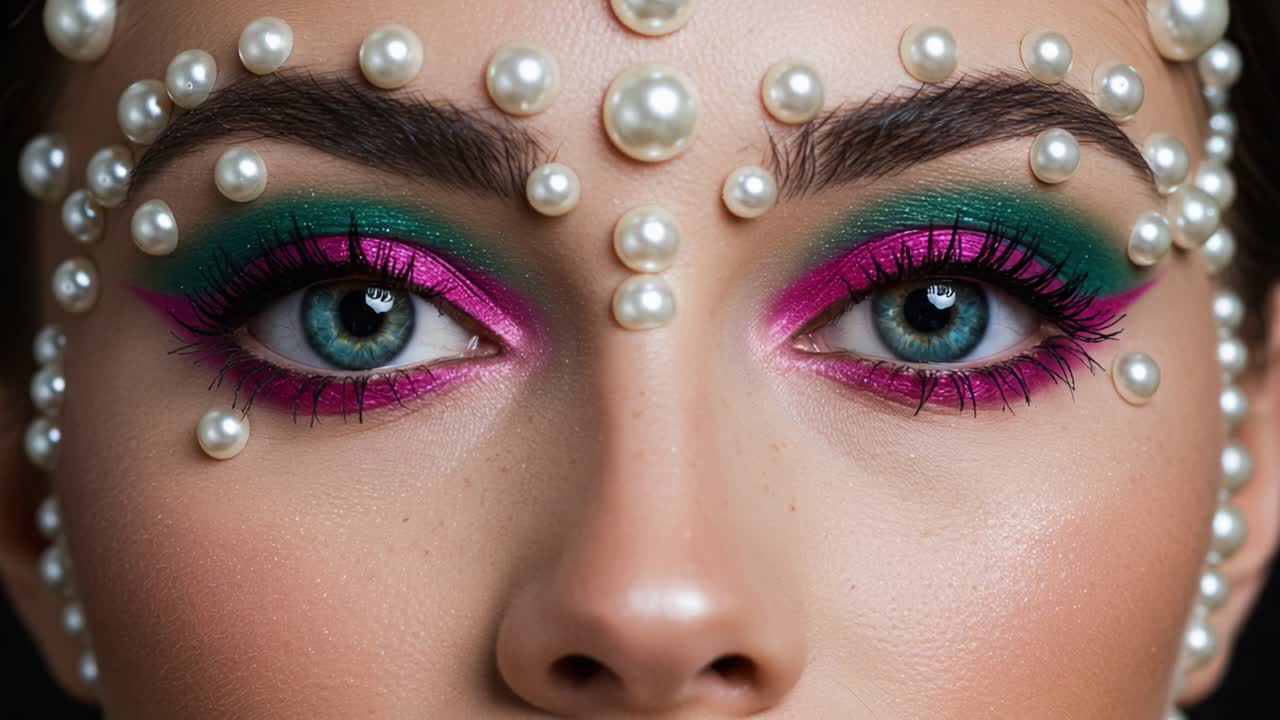 A Stunning Close-Up of a Makeup Artistry Featuring Vibrant Colors and Pearl Accents, Highlighting Mesmerizing Eyes with Unique Designs