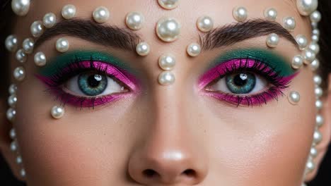 a stunning close-up of a makeup artistry featuring vibrant colors and pearl accents, highlighting mesmerizing eyes with unique designs