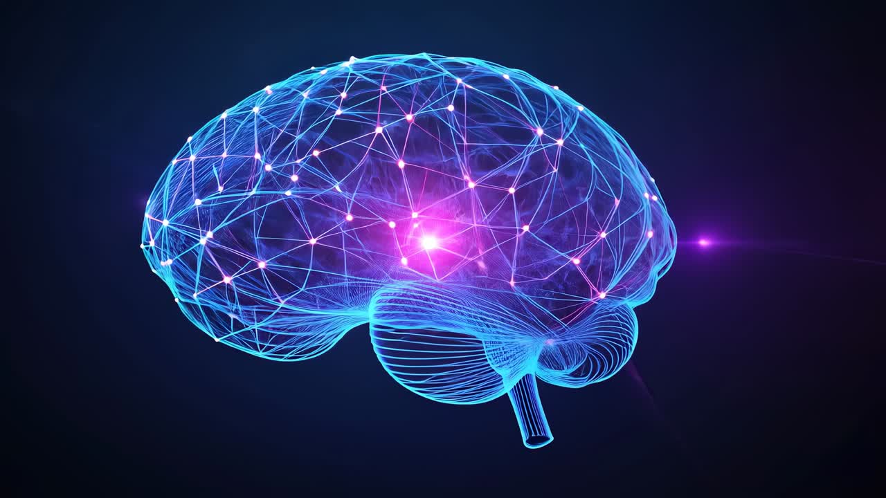 Starting digital neon wireframe brain rotating and pulsing node in void, with magenta particles