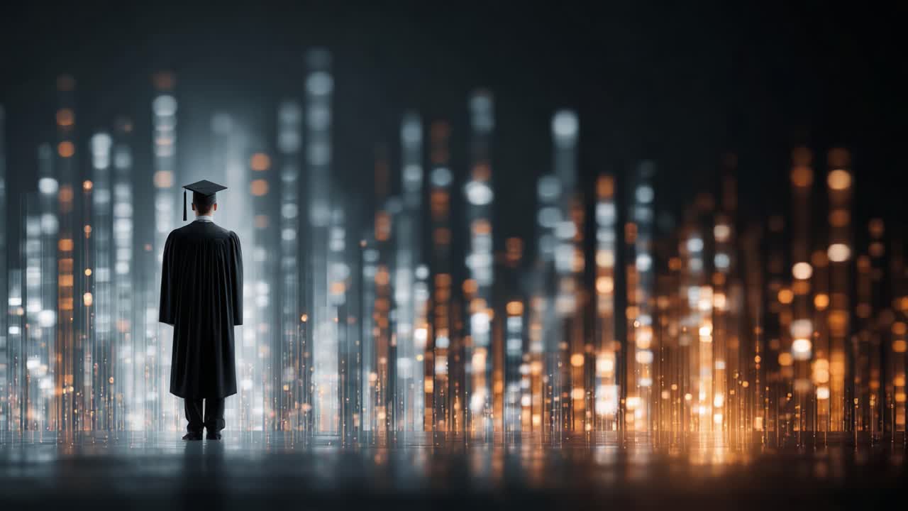 A Graduation Journey: A Scholar in Cap and Gown Standing Before Radiant Digital Patterns, Signifying New Beginnings and Endless Possibilities Ahead