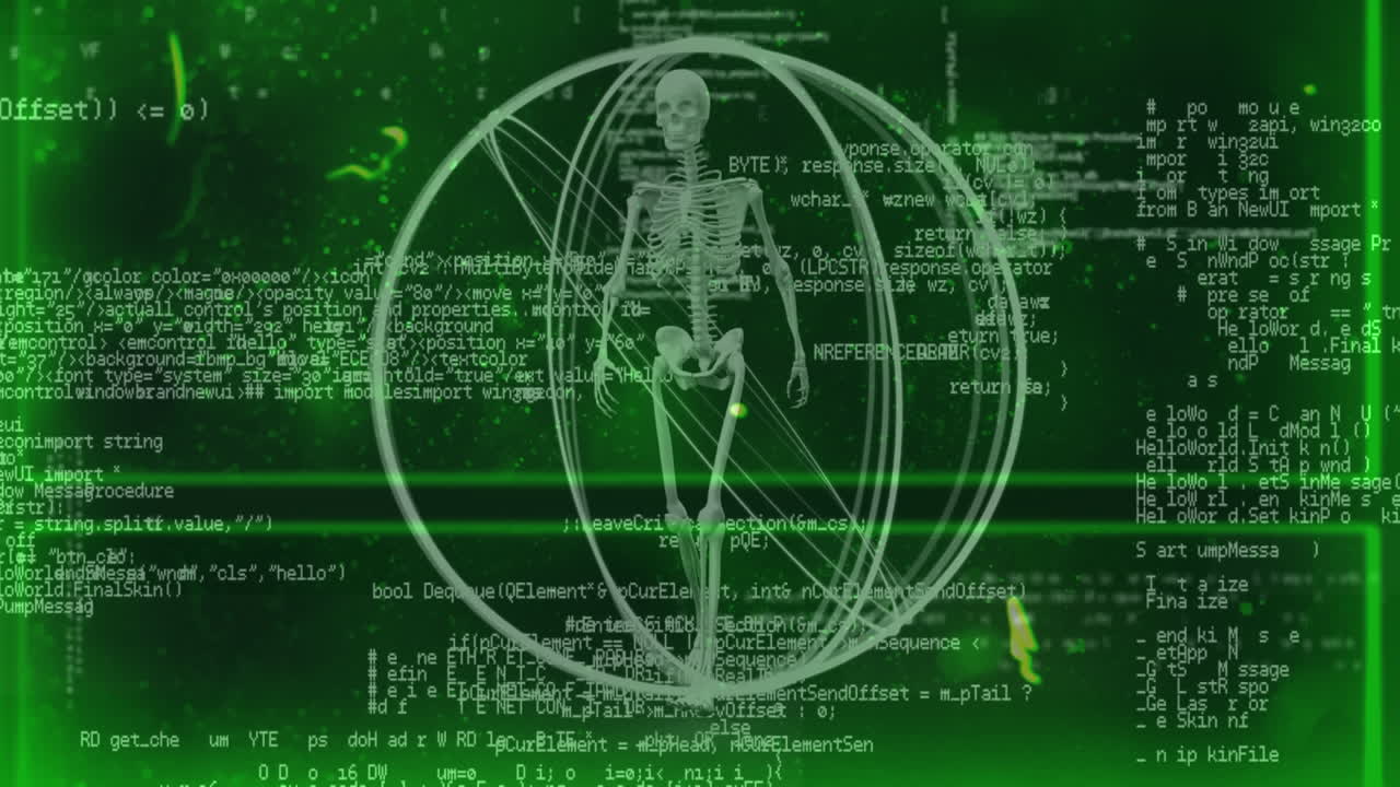 인간 골격과 데이터 처리로 회전하는 녹색 원의 애니메이션