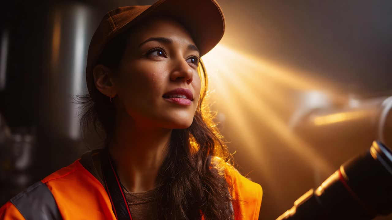 A woman in an orange safety vest and cap illuminated by soft lighting, gazes thoughtfully as beams of light highlight her features, creating an inspiring atmosphere in an industrial setting