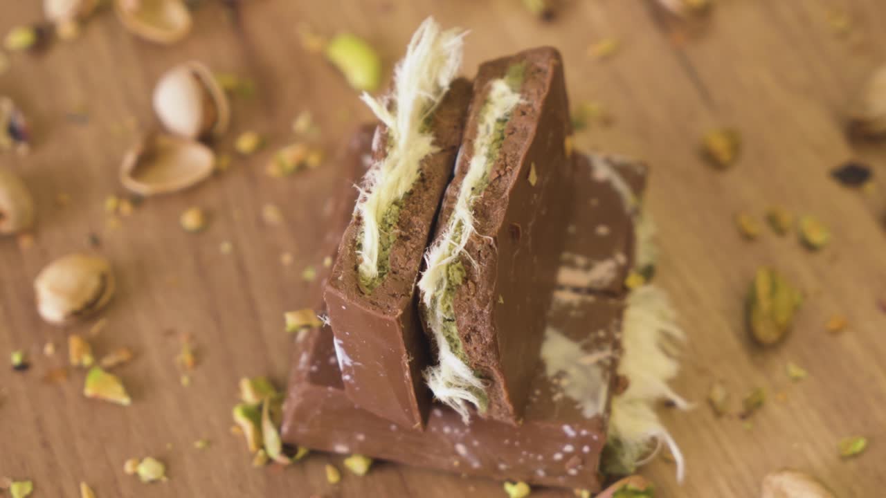 Macro detail of luxurious Dubai chocolate topped with pistachio pieces ideal for gourmet food footage and high end dessert visuals