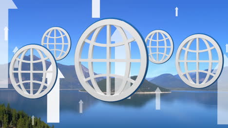 animation of white arrows and globes over landscape