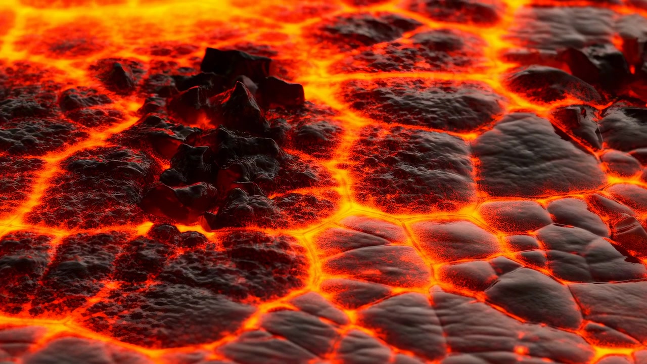 Campo de lava rachado com fissuras brilhantes, crosta vulcânica negra fraturada por veias de lava derretida e bolsões de brasa
