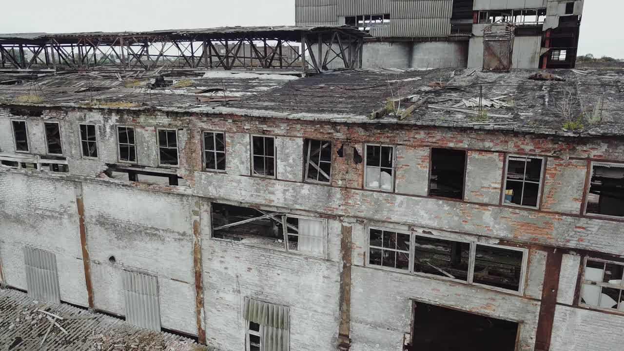 Abandoned ruined industrial factory building, ruins and demolition concept. Aerial view