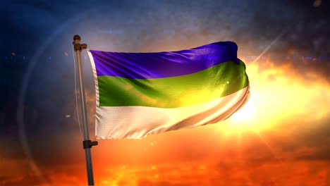 la bandera de la república de komi iluminada en un hermoso ciclo de amanecer en cámara lenta 4k