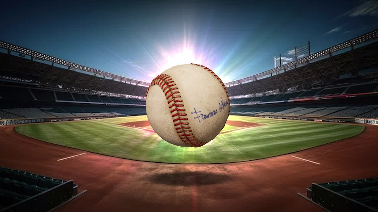 A baseball rotating with a baseball field in the background.