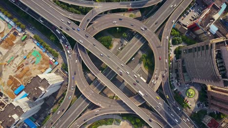 china sunny day shanghai city famous traffic round road junction aerial top view 4k