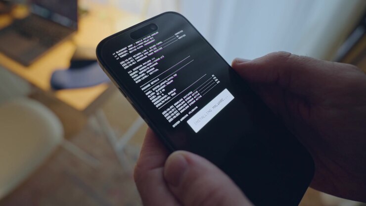 Hacker or spy installing and programming malicious software or app on phone in dark room at night. Person using mobile cellphone with malware virus or spyware for espionage and intelligence gathering