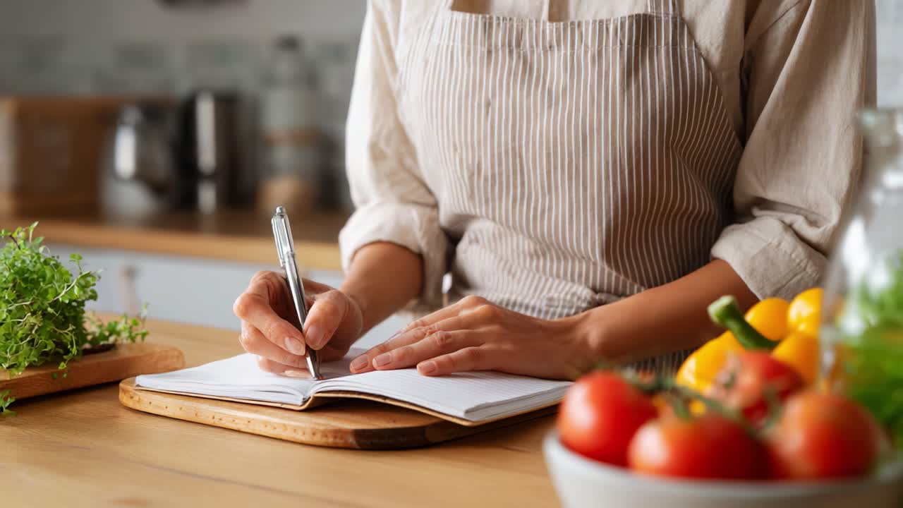 Uno chef con un grembiule a righe che prende appunti diligentemente in un quaderno mentre prepara ingredienti freschi, sottolineando l'essenza della creatività culinaria e dell'organizzazione
