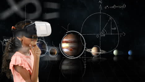 ecuaciones matemáticas y sistema solar flotando contra la chica usando auriculares vr