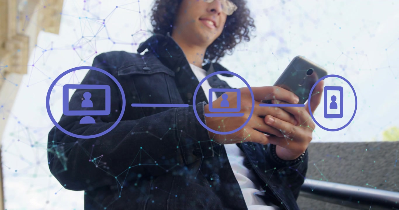 Man on stair tapping phone, animating icons and network linking to phone, showing tech syncing