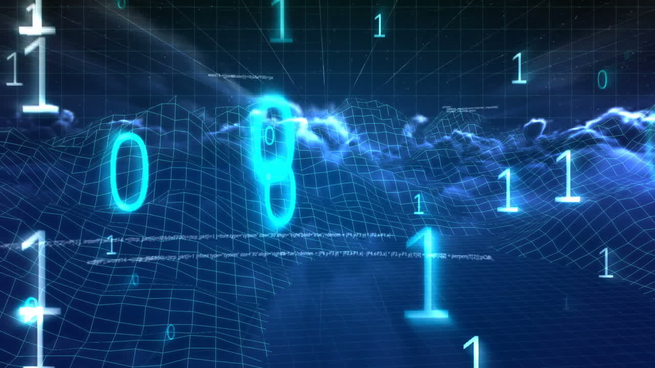 Digitally generated video of mountain and binary code