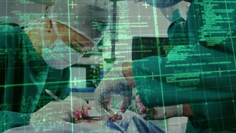 animation of data processing over caucasian female surgeon operating