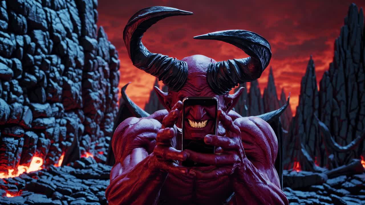 Powerful demon with impressive horns and massive wings capturing a selfie with a smartphone amidst a hellish landscape filled with flowing lava, rugged rocks, and a fiery red sky
