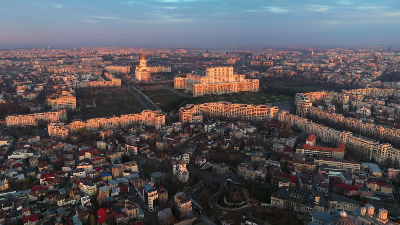 Aerial drone view of Palace of the Parliament in Bucharest downtown at sunset. Romania