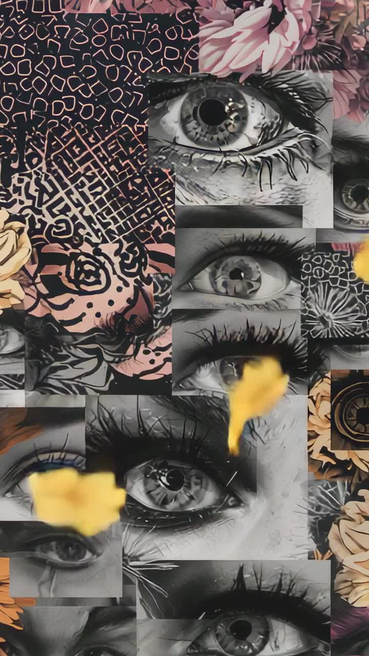 Video verticale: inquadratura di petali gialli che fluttuano su un murale in una galleria, oscurando occhi in scala di grigi