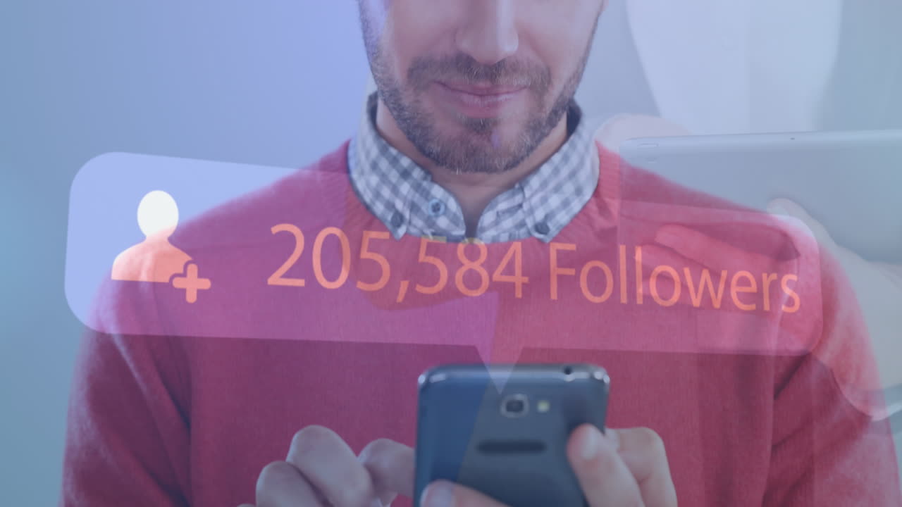 Animation of increasing followers against mid section of caucasian smiling while using smartphone
