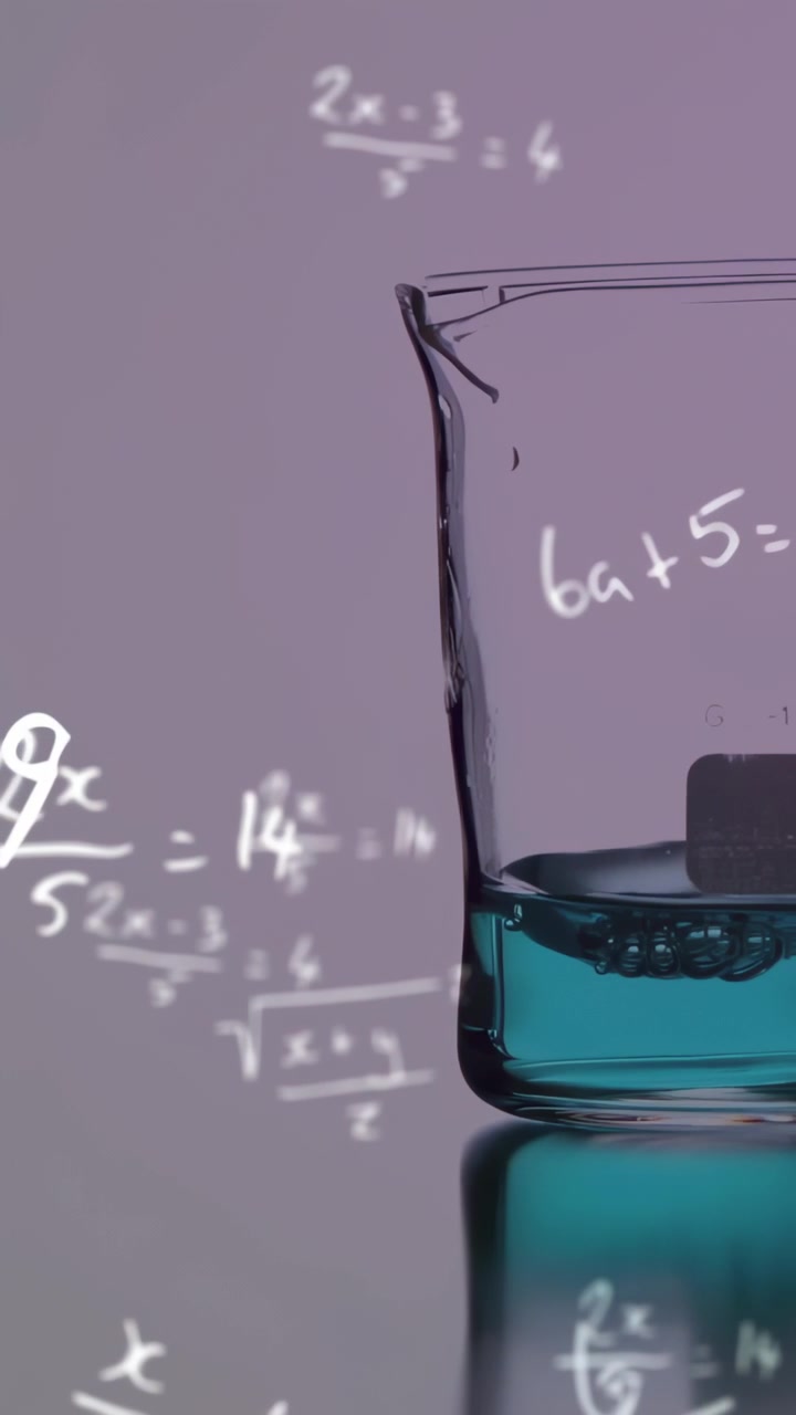 Vertical video: Neon stroke starting equations sliding, beaker sitting with teal liquid for STEM