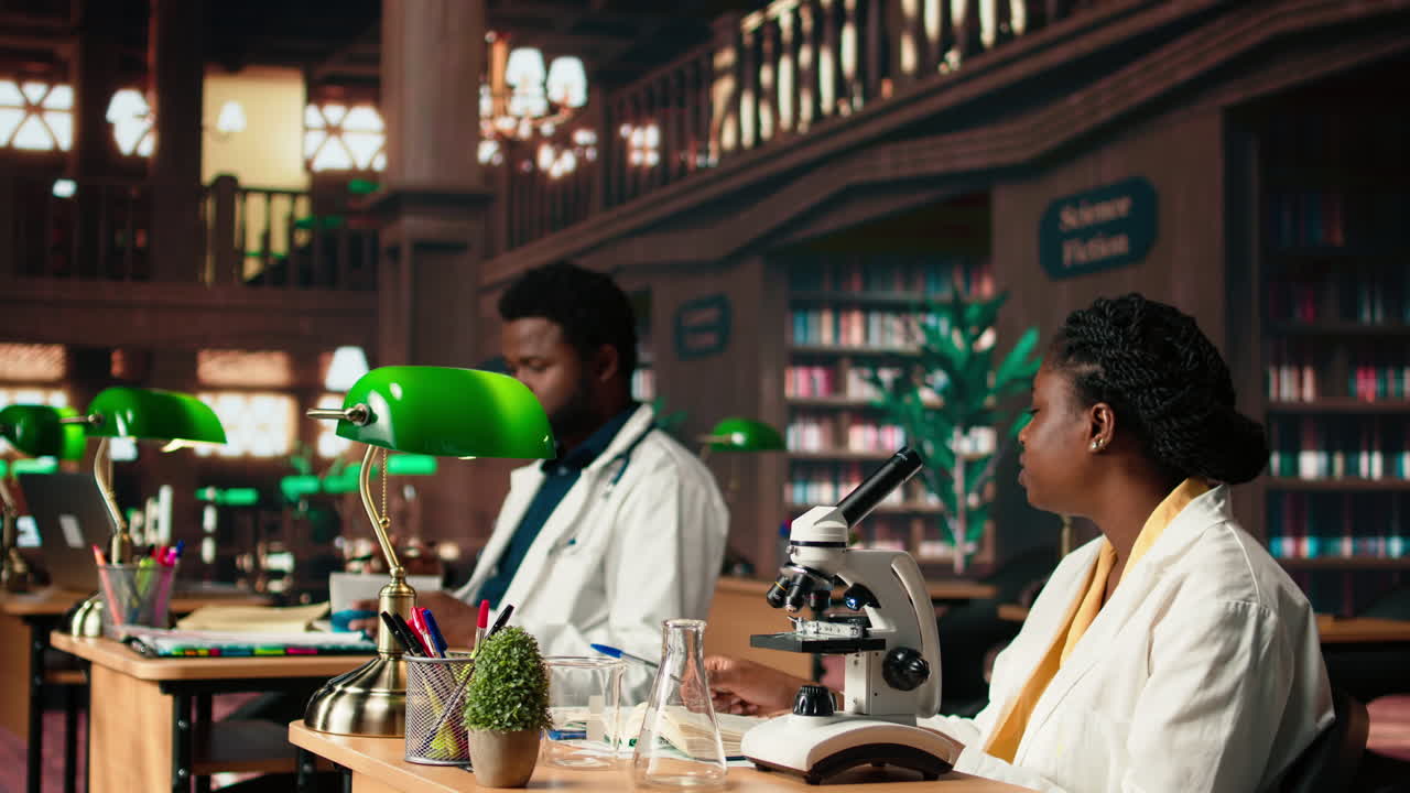 흑인 학생 팀이 현미경으로 바이러스와 미생물학 방법을 연구하고 있습니다.