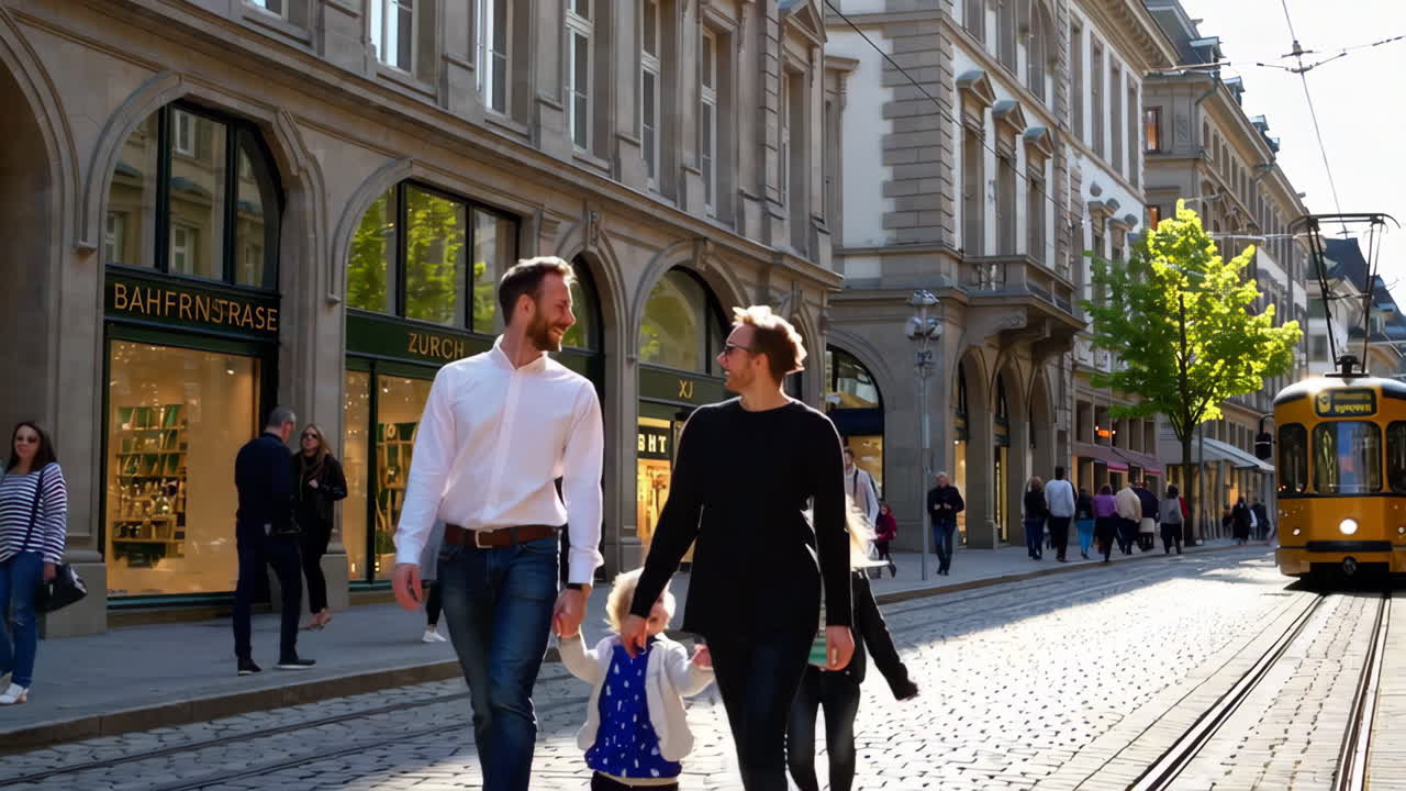 Family strolling in Zurich city center with tram