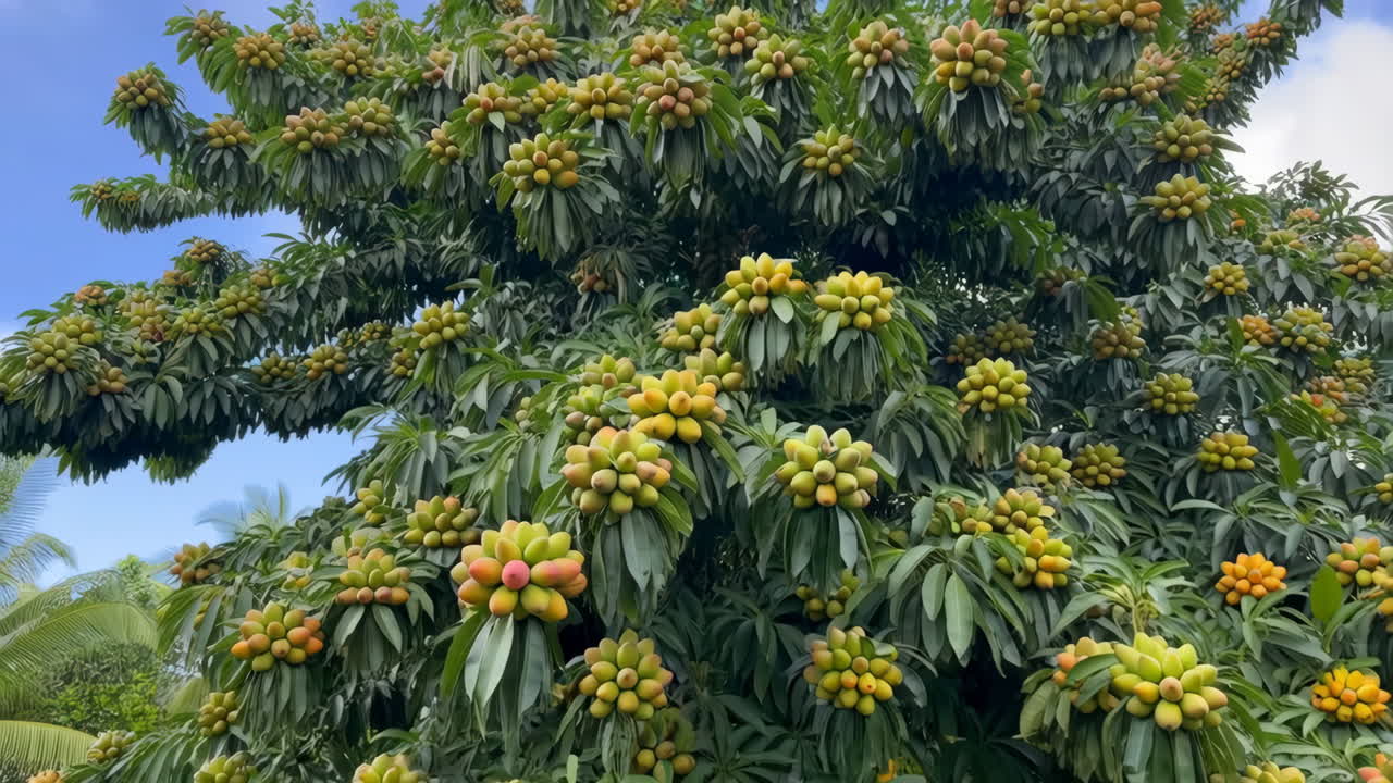 Abundant Tropical Fruit Tree Laden with Clusters of Ripe Produce