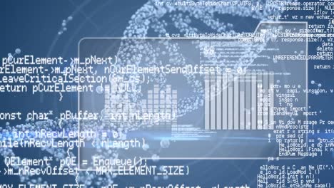 Animation-of-scientist-data-processing-and-dna-strand-over-blue-background