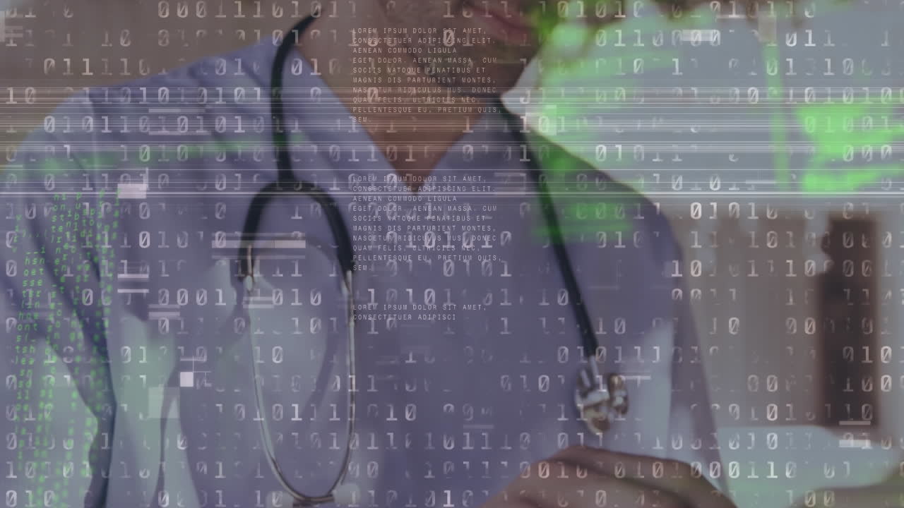 Animation of binary coding data processing over male doctor