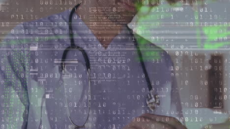 animación del procesamiento de datos de codificación binaria sobre un médico masculino