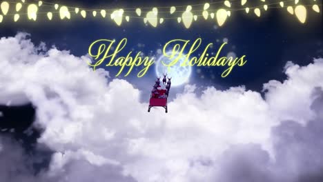 Animation-of-christmas-greetings-text-and-santa-claus-in-sleigh-with-reindeer-over-clouds