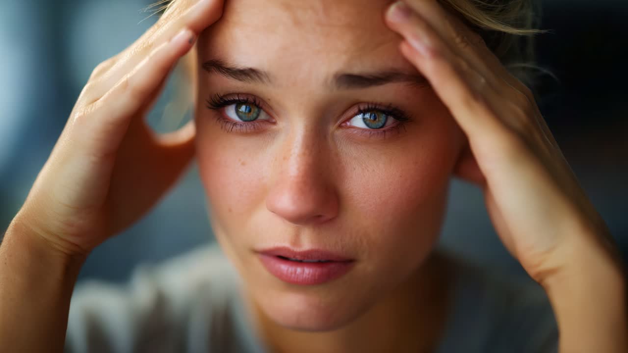 Una giovane donna in preda all'angoscia emotiva, che mostra la sua espressione turbata e il suo stato di fragilità mentre si tiene la testa tra le mani in mezzo a uno sfondo sfocato