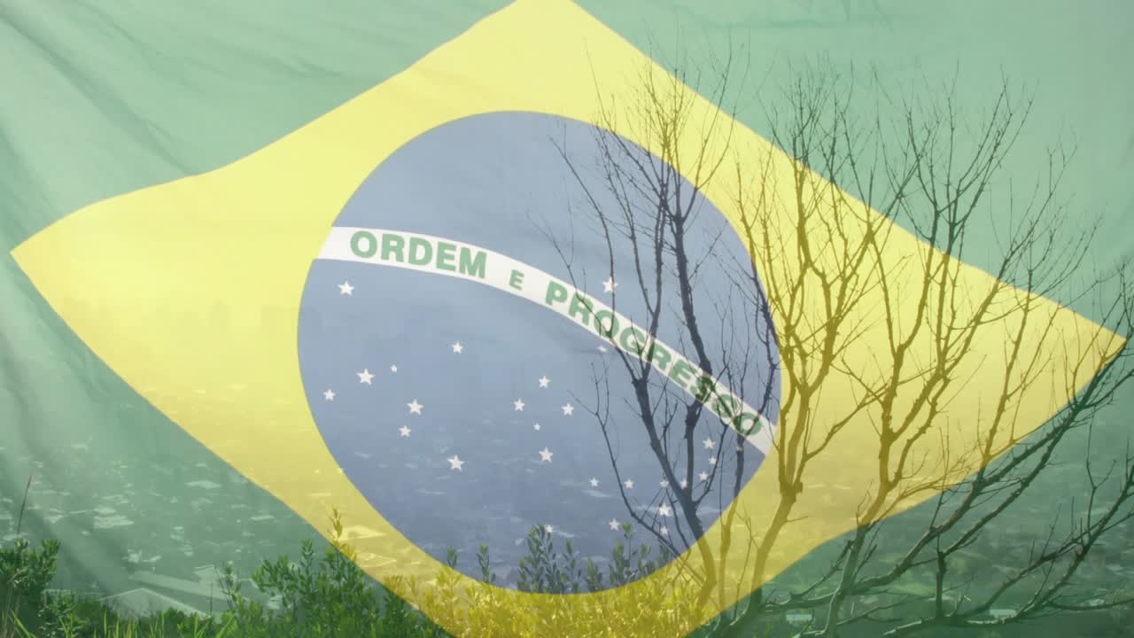 Udløst af let brise, vinker gennemsigtigt brasiliansk flag, bølger, afslører bakkefald
