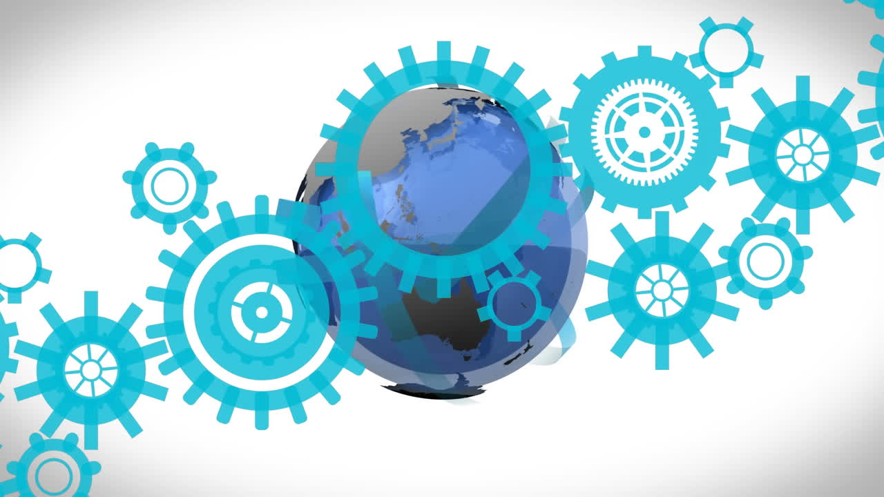 animación de engranajes sobre el globo terrestre sobre fondo blanco