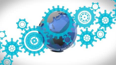 Animation of gears over earth globe on white background