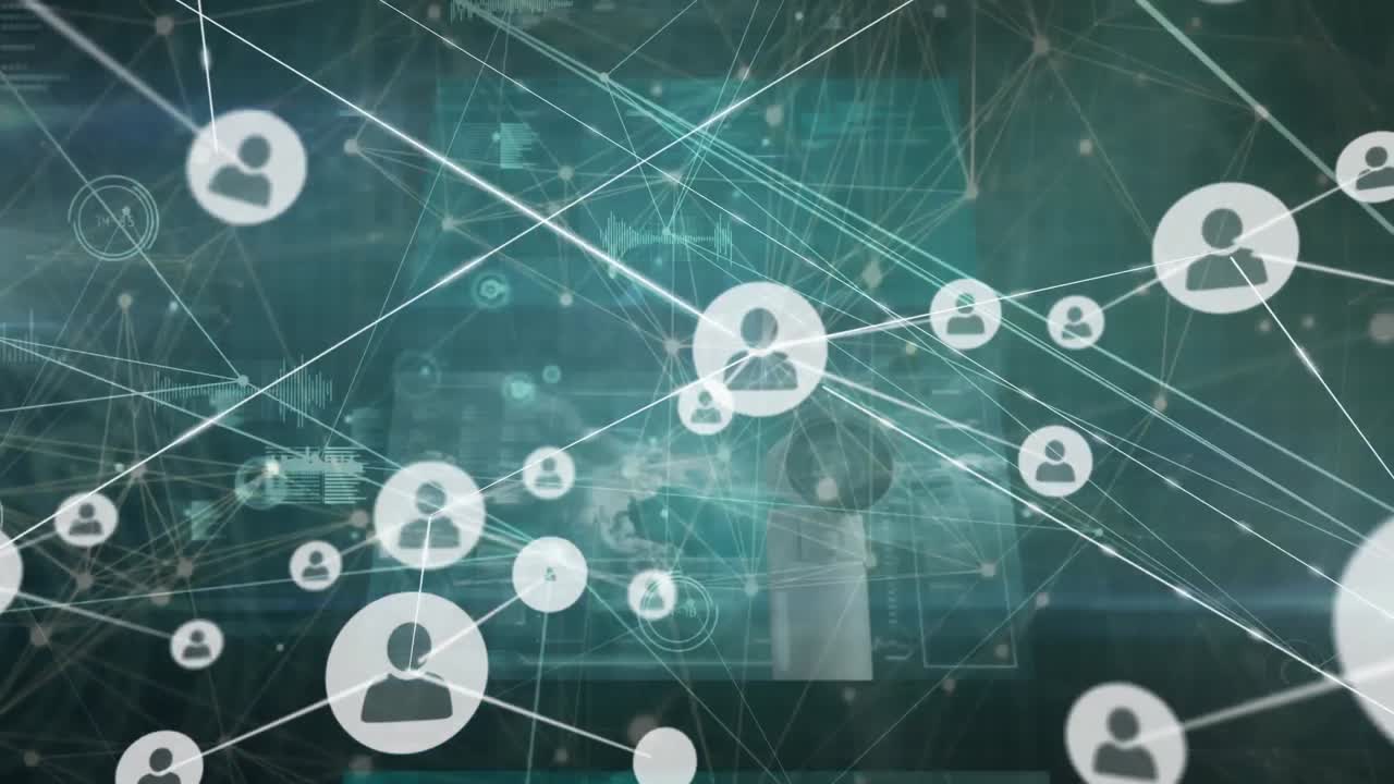 데이터 처리와 함께 사람 아이콘과의 연결 네트워크의 애니메이션