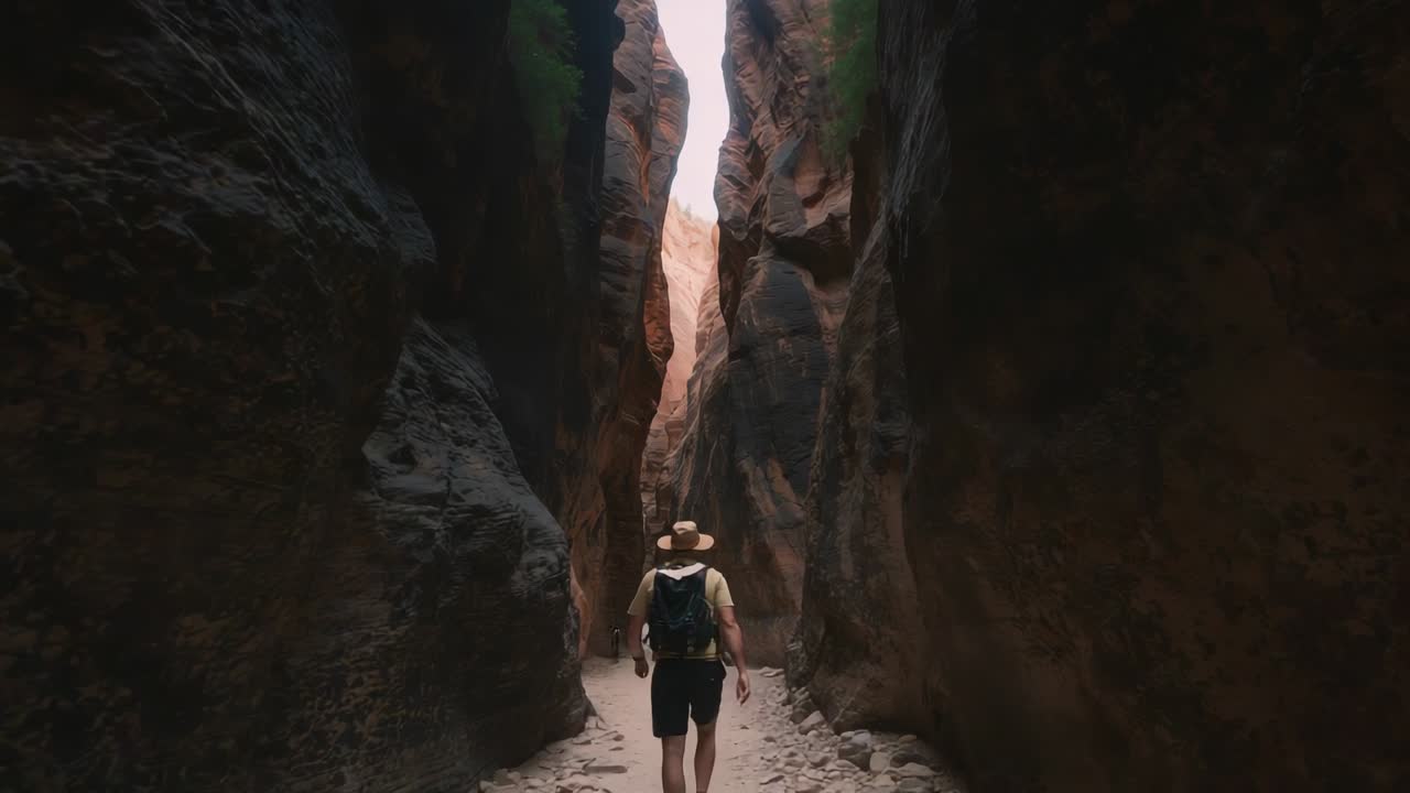 Walking hiker spotting bright seam, moving along rocky trail in slot canyon, wide-brim hat backpack