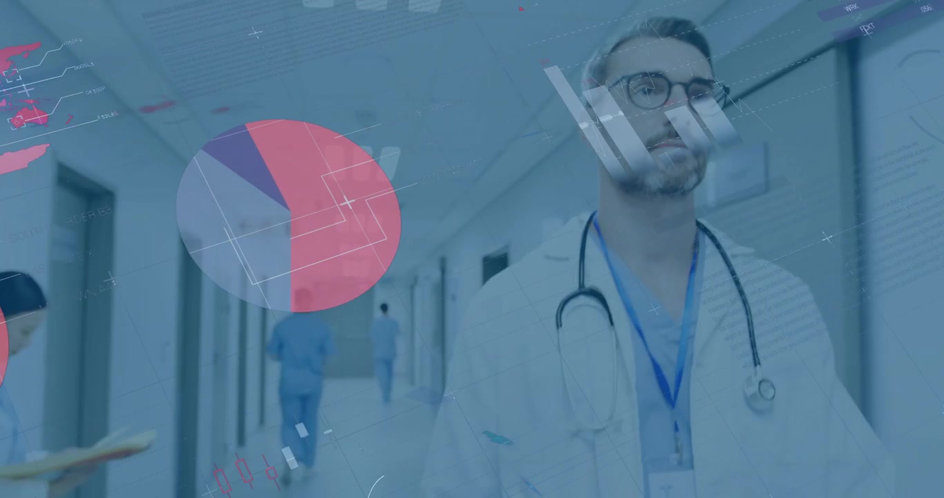 Médico surgindo no corredor enquanto dados sobrepostos em tabela, gráfico e segmentos de pizza mostram o diagnóstico.