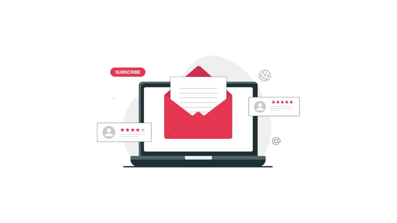 Laptop animato che mostra email e recensioni dei clienti