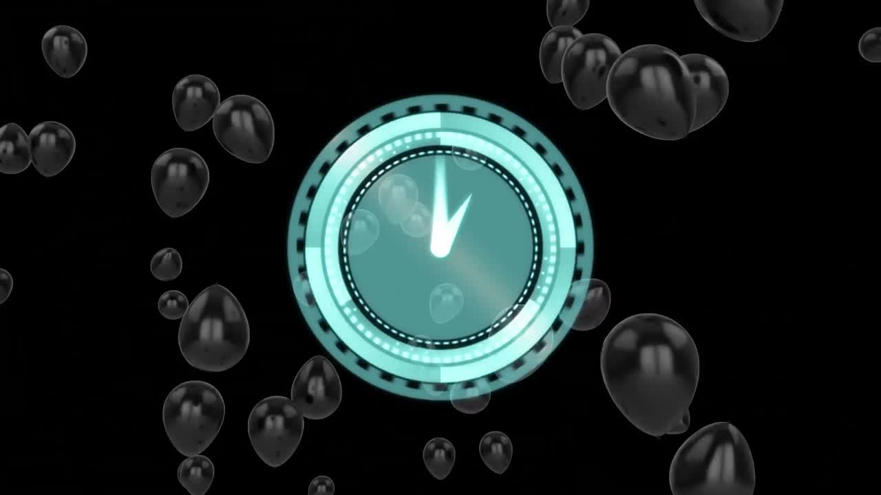 animazione di palloncini volanti e orologio su sfondo nero