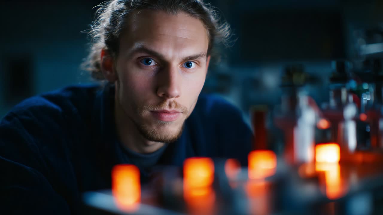 A focused individual examines vibrant glowing objects, showcasing a deep concentration and interest in the intricate details surrounding him, framed in a dimly lit environment that enhances the captivating allure of the scene