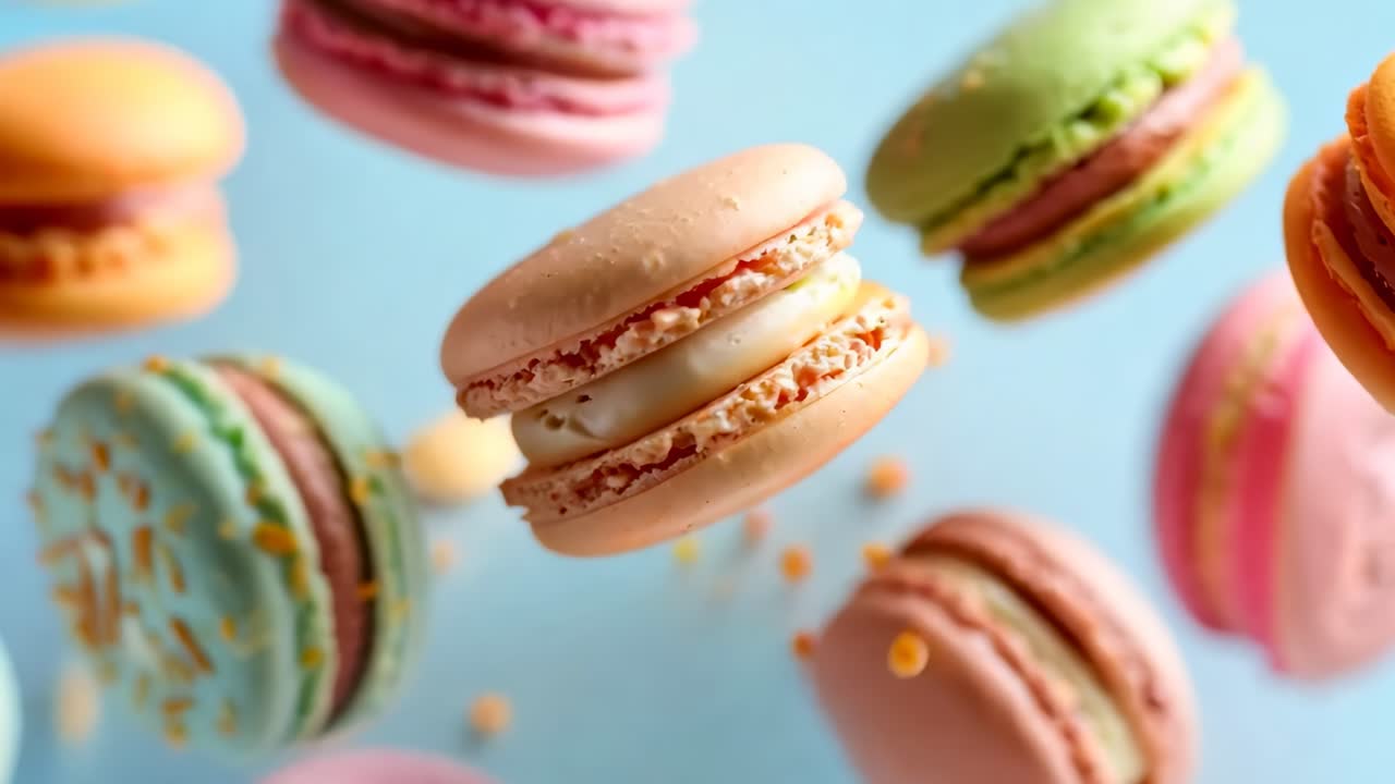 Colorful macarons float against a blue background, captured in a dynamic, close-up angle