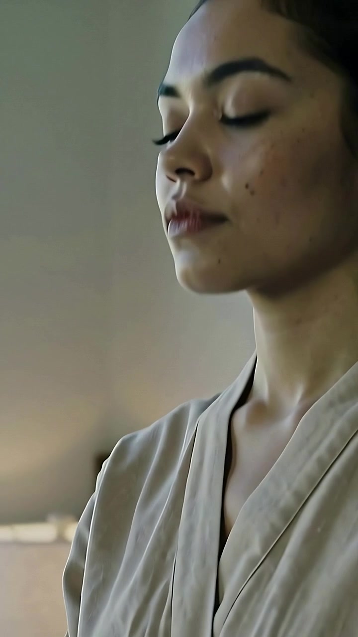 Vertical video: Placing bell, woman in robe in spa smoothing cushion on tray and preparing to relax