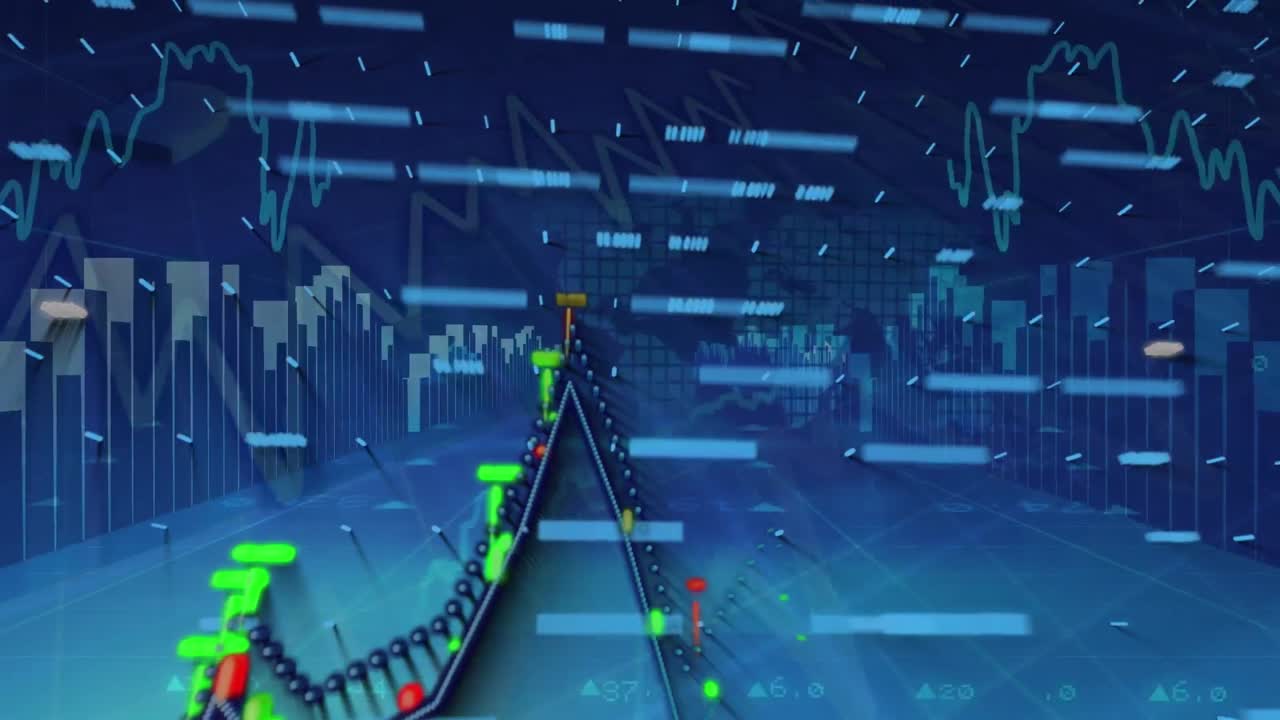 해군 배경의 세계 지도 위의 금융 데이터와 그래프의 애니메이션