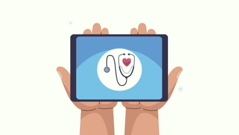 levantamiento de manos estetoscopio médico en tableta