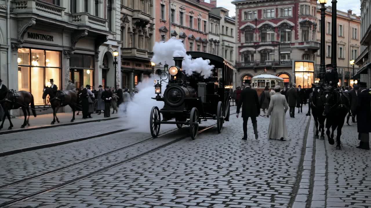 Vintage street scene with people in period attire, captured at eye level