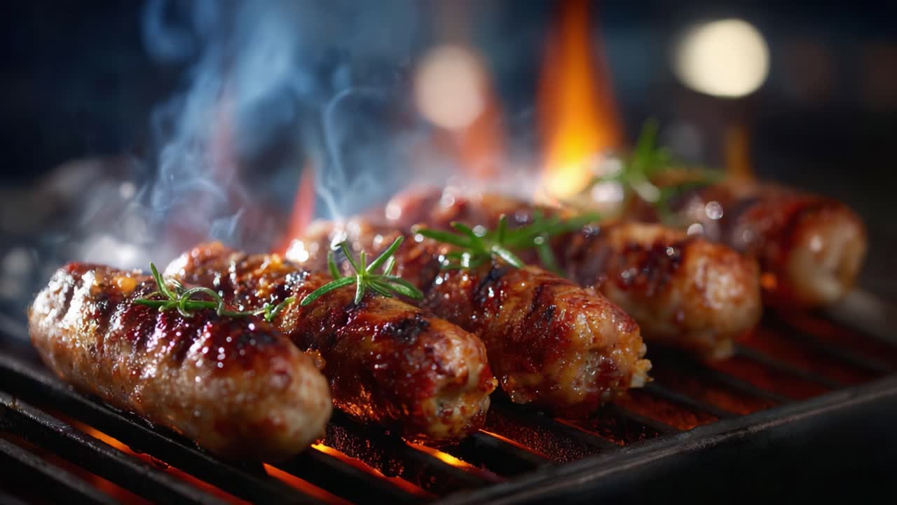 Grigliare Salsicce Succulente alla Perfezione: Un Primo Piano Appetitoso di Delizie Saporite con Fiamme Fumose ed Erbe Fresche per un'Irresistibile Esperienza Culinaria.